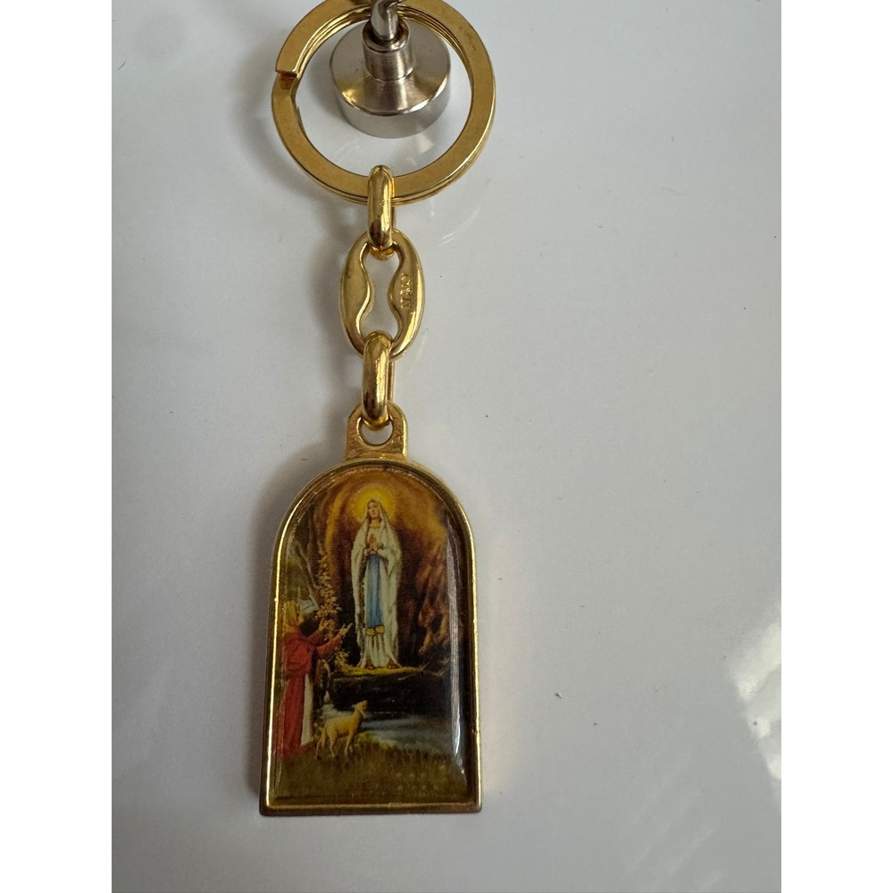 Vintage Our Lady of‎ Lourdes Religious Keychain Gold Tone Italy Catholic Mary
